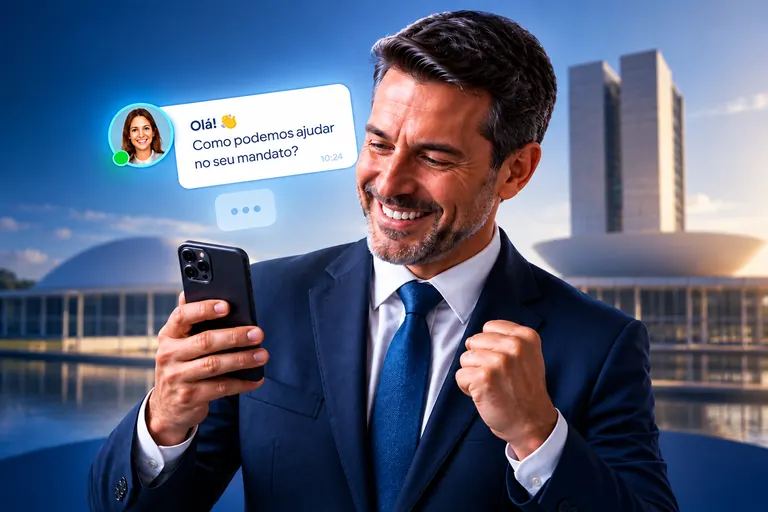 Político sorri ao ler no celular a mensagem “Olá! Como podemos ajudar no seu mandato?”, com o Congresso Nacional ao fundo