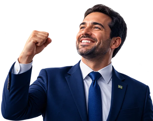 Homem de terno sorrindo e comemorando com o punho erguido