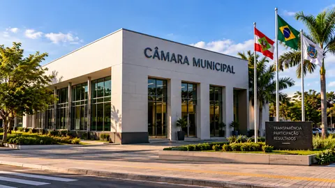 Fachada de uma câmara municipal com as bandeiras do Brasil, do estado e do município