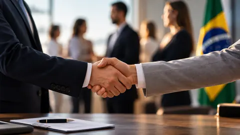 Aperto de mão sobre a mesa do gabinete, com a equipe ao fundo