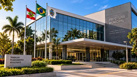 Fachada de uma prefeitura municipal com bandeiras hasteadas na entrada