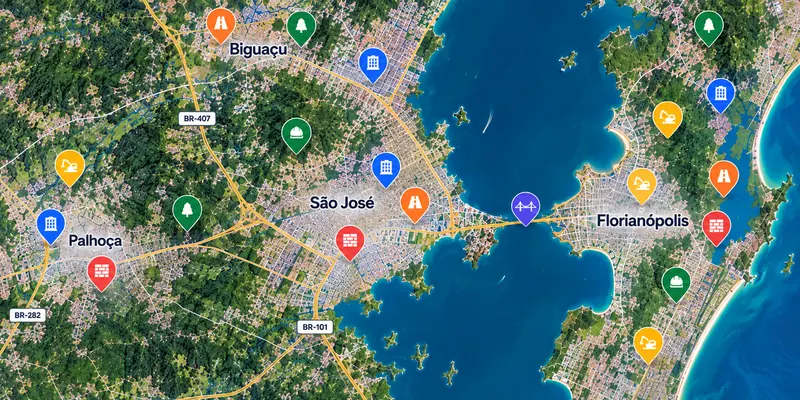 Mapa da Grande Florianópolis com as obras e ações do mandato marcadas por pinos coloridos em Biguaçu, São José, Palhoça e Florianópolis